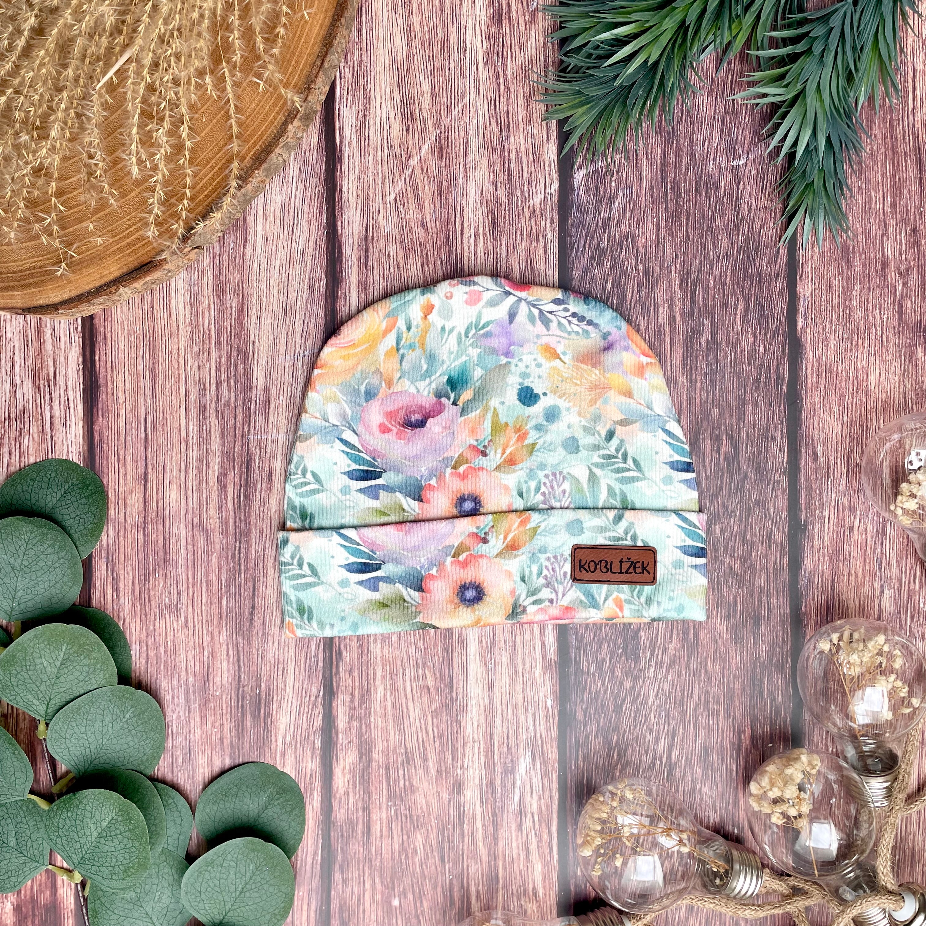 Tyrkysové květiny čepice vel. 68 a 74