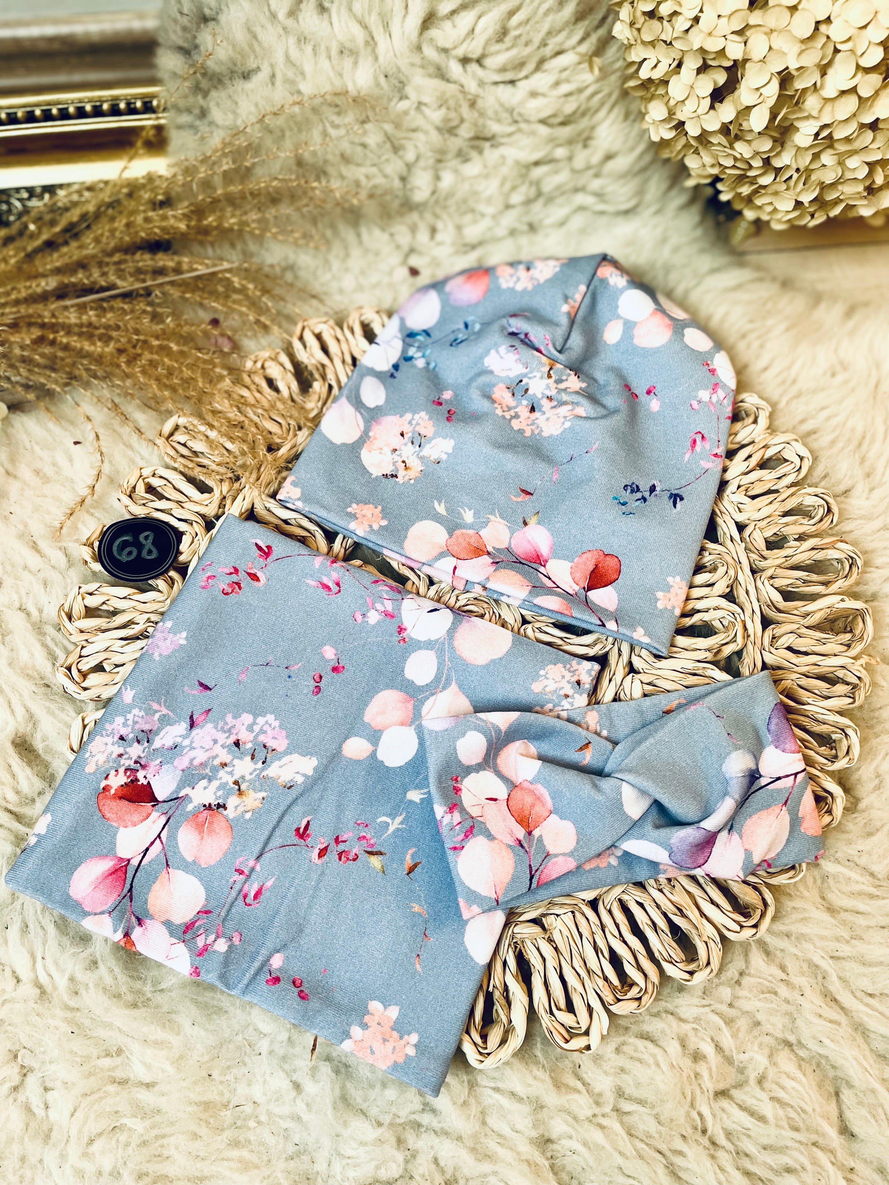 Modrý set EUKALYPTUS čepice, nákrčník, čelenka