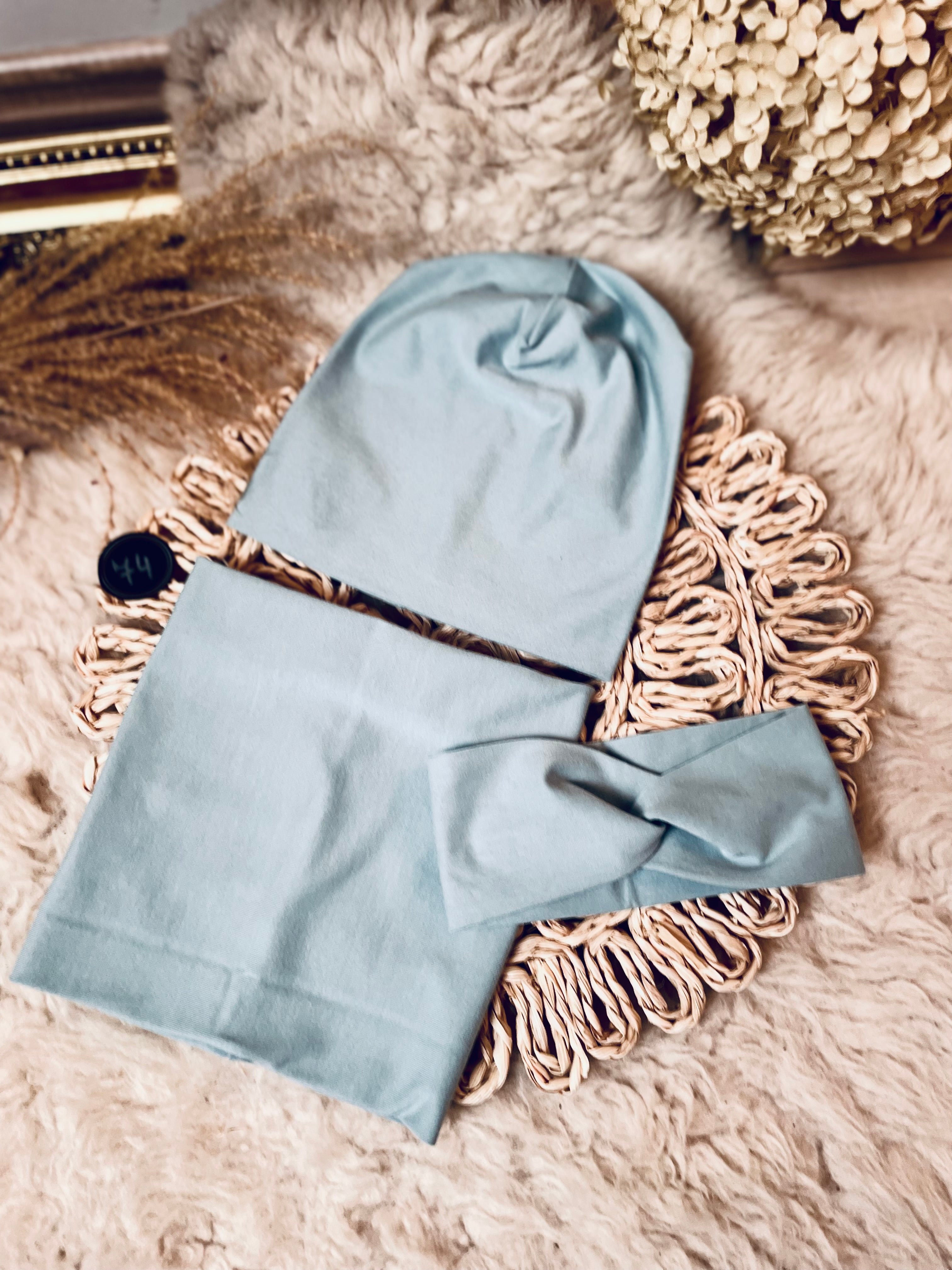 Tyrkysový set SMOKE BLUE čepice, nákrčník, čelenka