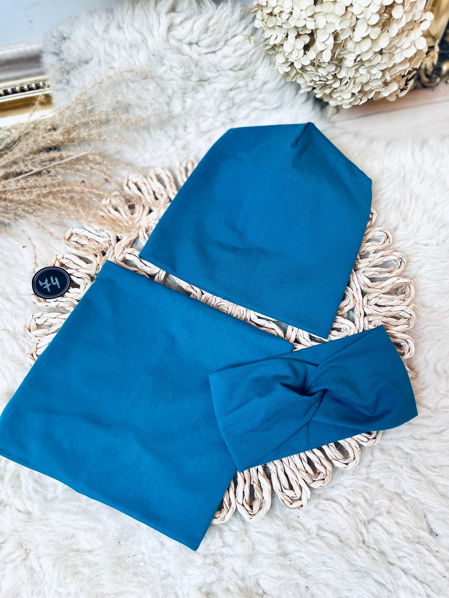 Tyrkysový set Royal BLUE čepice, nákrčník, čelenka