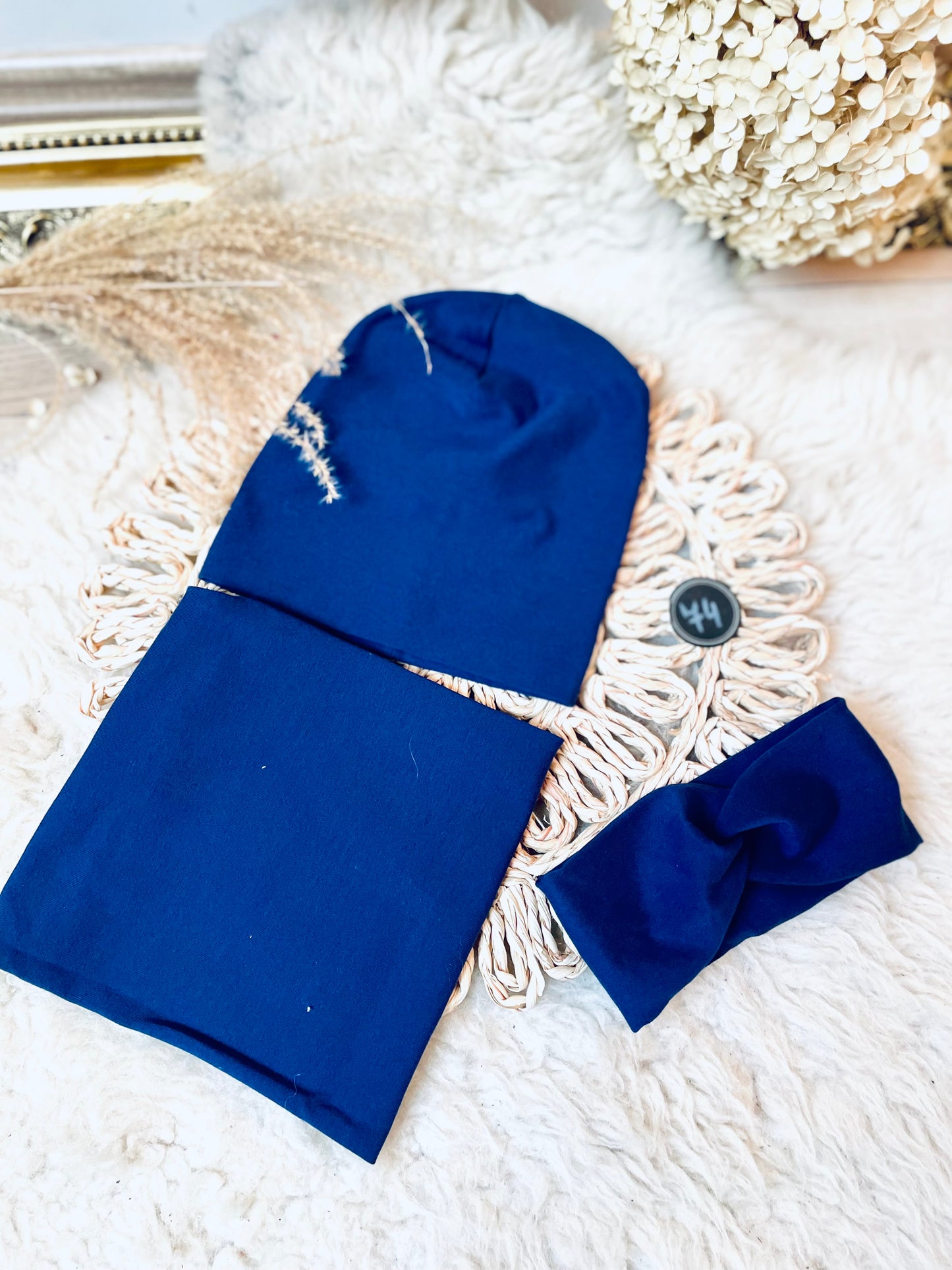 Modrý set ROYAL BLUE čepice, nákrčník, čelenka